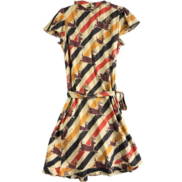 LL BEAN  Diag. Stripe Deer Wrap Midi Dress  Abstract Animal Print, Tie‑Waist, 4 - Picture 2 of 6